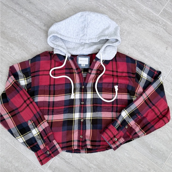 American Eagle Hooded Plaid Flannel Shirt Cropped Red Layered Hoodie S - Picture 7 of 10